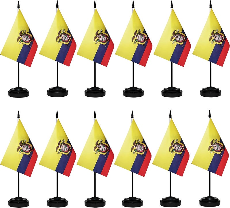 tibijoy Ecuador Flags Ecuadorian Small Mini Desk Flags Set Table Flag with 13" Black Pole, Black Base and Spear Top, Miniature Ecuadorian Deluxe Desktop Flag, Home Decoration, Office Decoration, Festival Celebrations(12 Pack ) - Image 1